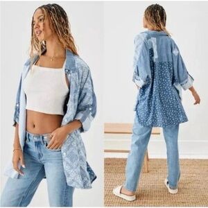 American Eagle Chambray Blue Patchwork Oversized Button Down